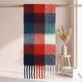 Thick checkered mohair scarf in red, navy and green with long tassels on a wooden rack - 38*205+17*2cm / 63# Red Blue White Green Classic Plaid