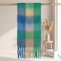 Colorful plaid mohair scarf in blue and green gradient with thick fringe tassels - 38*205+17*2cm / 58# Blue Green Beige Gradient Plaid