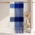 Blue and white checkered mohair scarf with thick fringe detail in home setting - 38*205+17*2cm / 51# Blue and White Minimalist Large Plaid