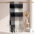 Thick checkered mohair scarf with black, grey, and white plaid and long fringe - 38*205+17*2cm / 57# Black Grey White Classic Plaid