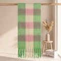 Thick checkered mohair scarf in matcha green, pink, and grey with soft long tassels - 38*205+17*2cm / 68# Matcha Green Pink Cream Grey Contrast Plaid