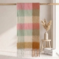 Thick mohair scarf with pink, green, and cream plaid pattern and long tassel edges - 38*205+17*2cm / 50# Pink Green Cream Caramel Spliced Plaid