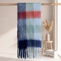 Thick mohair scarf with navy and brick red plaid pattern and long tassels - 38*205+17*2cm / 49# Navy Blue Green Brick Red Spliced Plaid