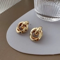 Chic triple-linked golden geometric earrings with minimalist French vintage aesthetic - Gold