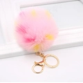 Pink and yellow faux rabbit fur pom pom keychain with gold lobster clasp and ring - 3513 Patterned Color / Light Gold 4-Link Lobster Clasp