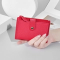 Red grained leather small wallet with gold zipper and snap button card holder - Red