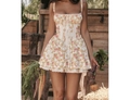 Cream floral slip dress with pink flower print, lace trim and drawstring waist design - S / White With Red Floral