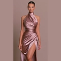 Detailed view of the rose pink satin evening gown with side slit and elegant neck design - XS / Top And Bottom / Dusty Pink
