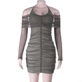 Detail view of the ruched glitter fabric and off-the-shoulder long sleeves of the dress - XS / Olive Green/Gold