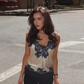 Champagne satin crop top with black lace trim and V-neckline for women's summer style - S / Apricot