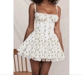 French style corset mini dress with green floral print and white lace trim detail - S / White Green Leaf