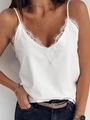 Camisola de satén blanco con cuello en V y delicado encaje de pestañas para el verano - S / Blanco