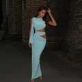 Abito lungo azzurro aderente con cut-out e nastro monospalla elegante da donna - Azzurro / S