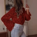 Close-up of red lace long sleeve blouse showing intricate floral crochet and tie-up cuffs - S / Burgundy