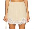Women's light beige high-waist straight shorts with elegant white eyelash lace trim - S / Champagne
