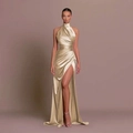 Elegant champagne gold satin dress with halter neck design and high slit skirt - XS / Champagne