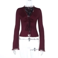 Detailed view of dark wine red chiffon top with V-neckline, lace trim and tie-up front design - S / Burgundy