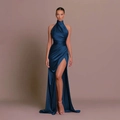 Dark blue satin halter dress with asymmetrical pleats and a high slit for formal parties - XS / Navy Blue