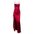 Elegant wine red satin evening gown with ruched waist and high slit design - XS / Red