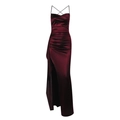 Slim fit burgundy satin maxi dress with side slit and gathered waist detail - XS / Burgundy