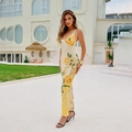 Elegant slim fit floral maxi dress with yellow peony prints and gold baroque patterns - XS / Yellow