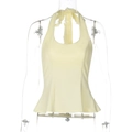 Top halter giallo chiaro aderente con bordo a peplo e lacci intrecciati sul retro - S / Giallo chiaro