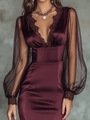 Vestido elegante de satén burdeos con cuello en V de encaje y mangas abullonadas negras - S / Burdeos