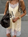 Chic beige lace-trim midi slip dress for summer featuring delicate embroidery - S / Khaki