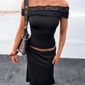 Elegantes schwarzes schulterfreies Slim-Top mit Spitzenbesatz und passendem Rock - S / Schwarz