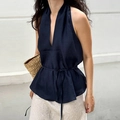 Elegante top halter azul marino con cuello en V y lazo ajustable en la cintura de lino - S / Azul marino