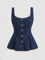 Dark blue denim vest with vintage gold buttons and a peplum hem for women - S / Blue