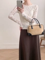 Chic women's white lace long sleeve top with a slim fit and round neck style - S / Long Sleeve / Apricot