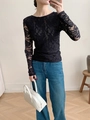 Slim fit black lace long sleeve t-shirt for women with elegant floral mesh pattern - S / Long Sleeve / Black