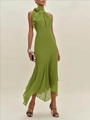 Avocado green halter neck dress with ruffled hem and chic front cutout detail - S / Green