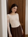Elegant white floral lace slim-fit long sleeve top for women with round neckline - S / Long Sleeve / White