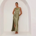 Elegant olive green satin maxi dress with spaghetti straps and high side slit detail - S / Green