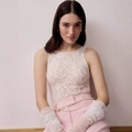 Elegant white sleeveless lace top paired with pink high-waisted trousers and pearl belt - S / Tank Top / White