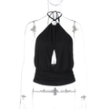 Top halter negro sexy con abertura en el pecho, anillo de metal y textura fruncida - S / Negro