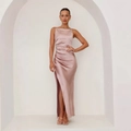 Detailed close-up of pink satin tube dress with pleated waist and thigh-high split - S / Pink