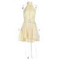 Pale yellow satin halter dress featuring a pleated A-line skirt and gold ring belt - XS / Yellow