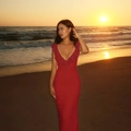Red long dress with deep V-neck and ruffles for summer vacation and evening events - XS / Red