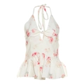 Detalle de top floral con cuello halter, abertura con lazo y bajo con volantes en tela blanca - S / Top Blanco Crema