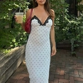 Sleeveless white polka dot dress with V-neckline and black lace trim detailing - XS / White Polka Dot