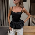 Elegant black satin peplum camisole for women with slim straps and glossy finish - S / Tops / Black