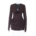 Vestido ajustado marrón oscuro de manga larga con escote en V y volantes capas - S / Marrón