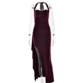 Vestido maxi ajustado burdeos con escote corazón, abertura lateral y pliegues de cintura - S / Burdeos