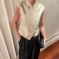 Sleeveless champagne gold satin top with diagonal closure and traditional buttons - S / Apricot