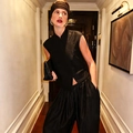 Elegant black neo-Chinese style sleeveless top and wide-leg trousers set with side buttons - S / Black