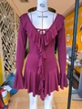 Deep wine red long sleeve V-neck dress with ruffle details and front tie closure - S / Burgundy