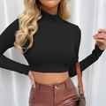 Close-up of black turtleneck ribbed crop top featuring long sleeves and slim fit texture - S / Black